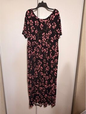 Longyuan 3XL Black Pink Floral Maxi Dress Plus Size Short Sleeve Stretch Boho